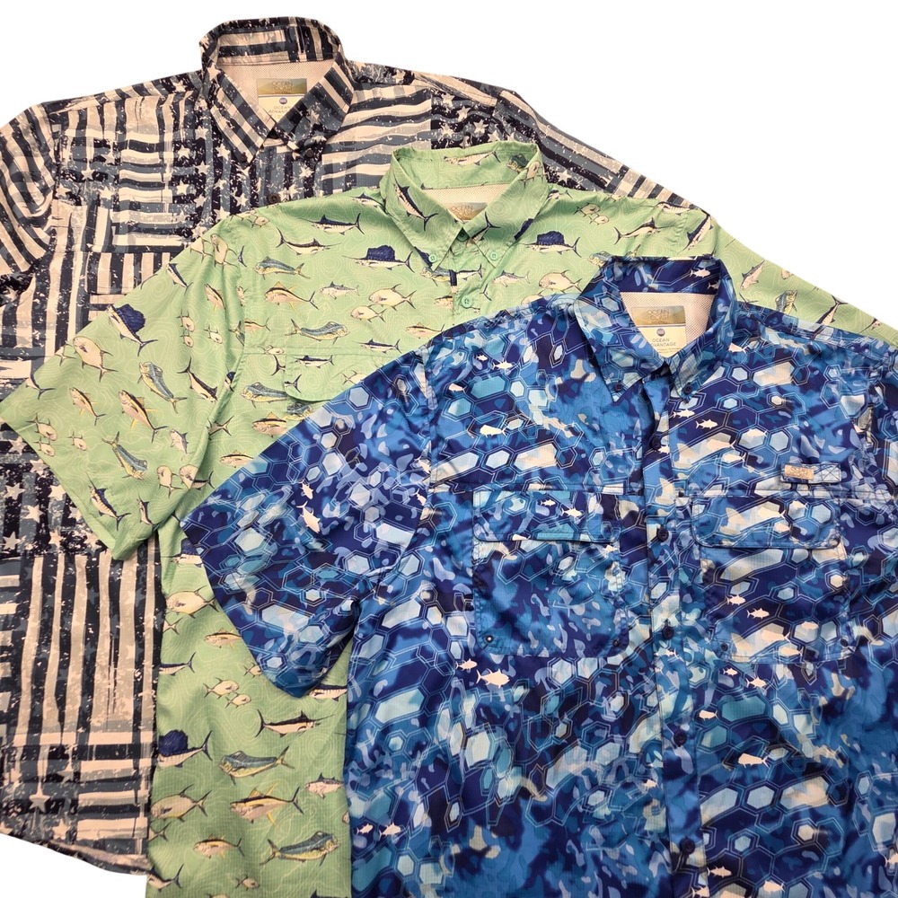 Lot of 3 Ocean Coast Ocean Advantage Vented Fishing Shirts Mens Large Tall AOP